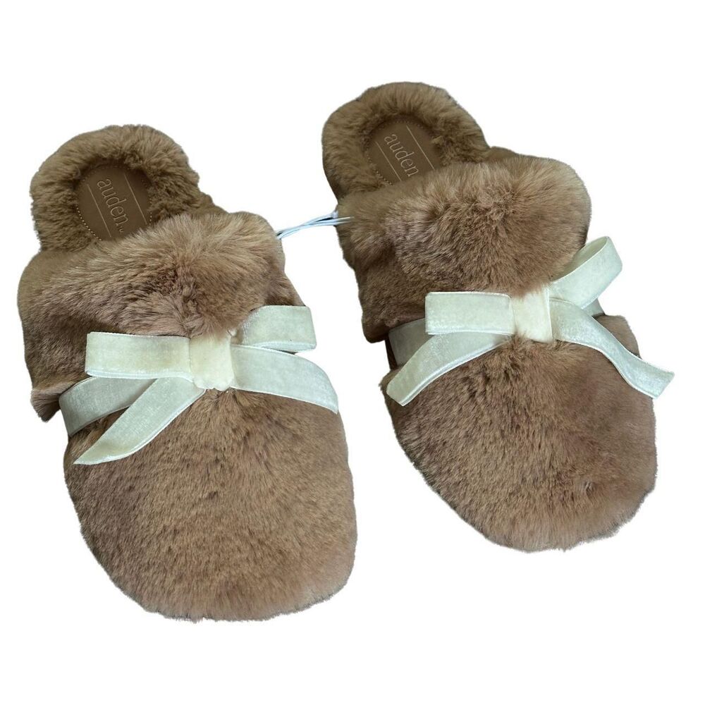 Auden Plush Faux-Fur Slippers with Cream Bow - Tan
